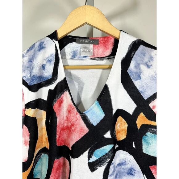 VIA RITINA Women's Abstract Watercolor V-Neck Short Sleeve Top White Size Medium - Picture 3 of 6